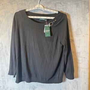 Lauren Ralph Lauren Womens 3X Black Sweater Buckle Neck Plus Size Knit NWT